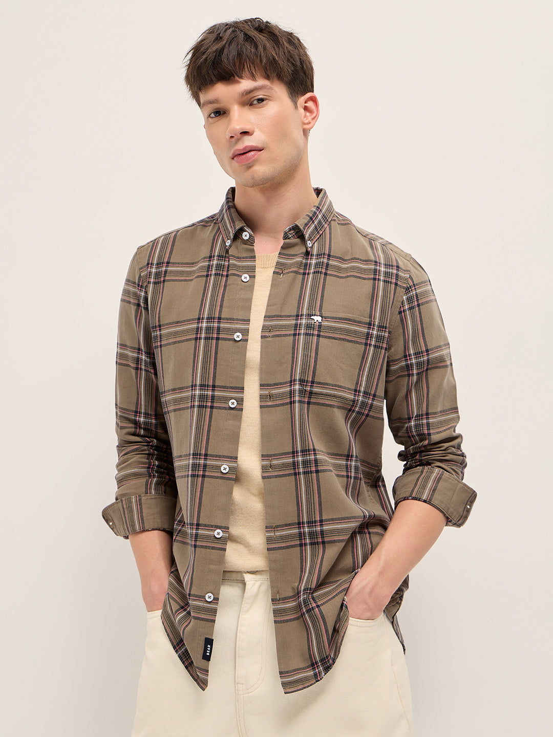 brown woven checked slim fit casual shirt brown woven checked slim fit casual shirt