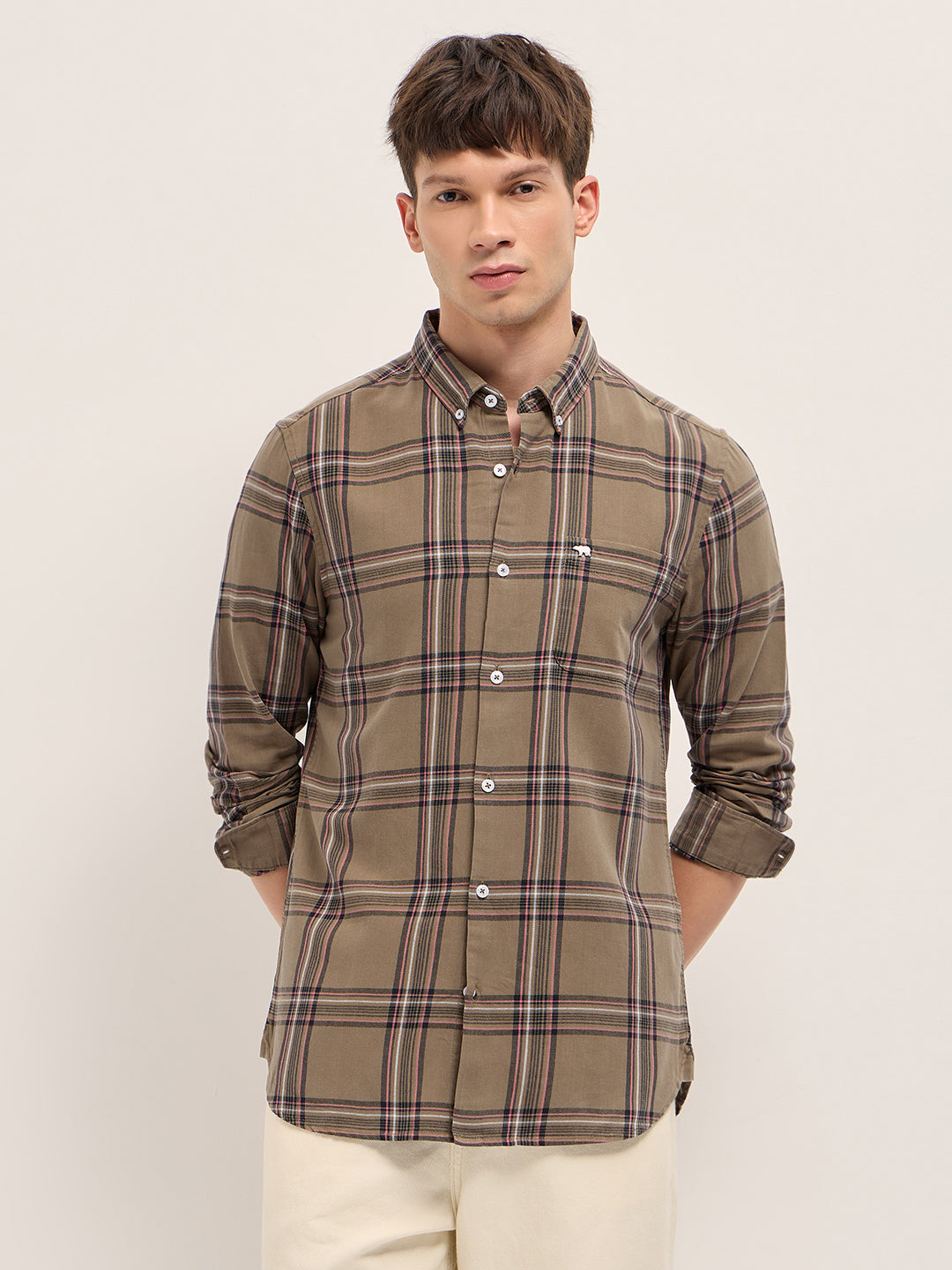 brown woven checked slim fit casual shirt brown woven checked slim fit casual shirt