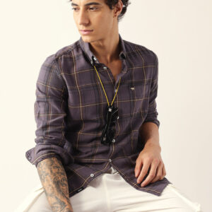 grey woven checked slim fit casual shirt