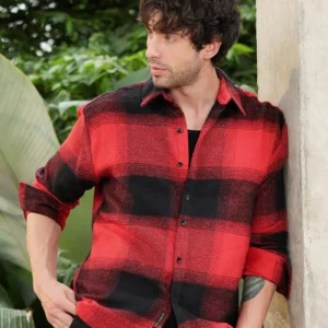 men’s oversized fit buffalo checked cotton casual shirt