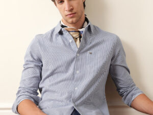 blue & white vertical woven pinstriped slim fit casual shirt