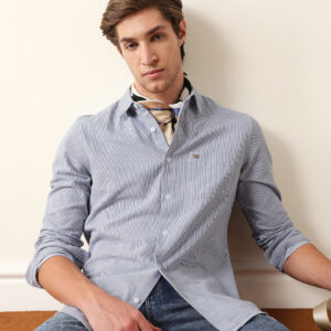 blue & white vertical woven pinstriped slim fit casual shirt