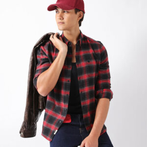 red & black woven check flannel slim fit casual shirt