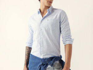 blue slim fit casual shirt with white vertical stripes