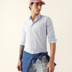 blue slim fit casual shirt with white vertical stripes