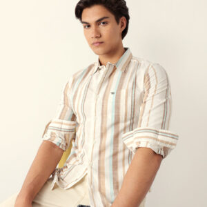 multicolor woven vertical stripes slim fit casual shirt
