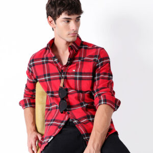 red flannel checked slim fit casual shirt