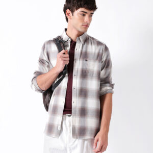 brown flannel checked slim fit casual shirt