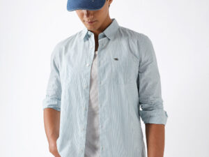 blue woven vertical pinstripe slim fit casual shirt