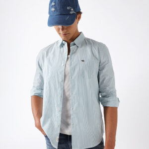 blue woven vertical pinstripe slim fit casual shirt