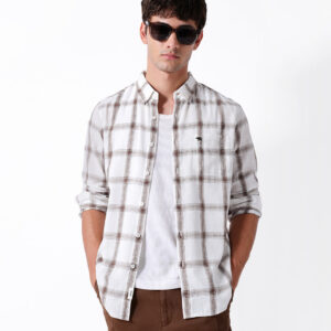 white & brown woven checked slim fit casual shirt