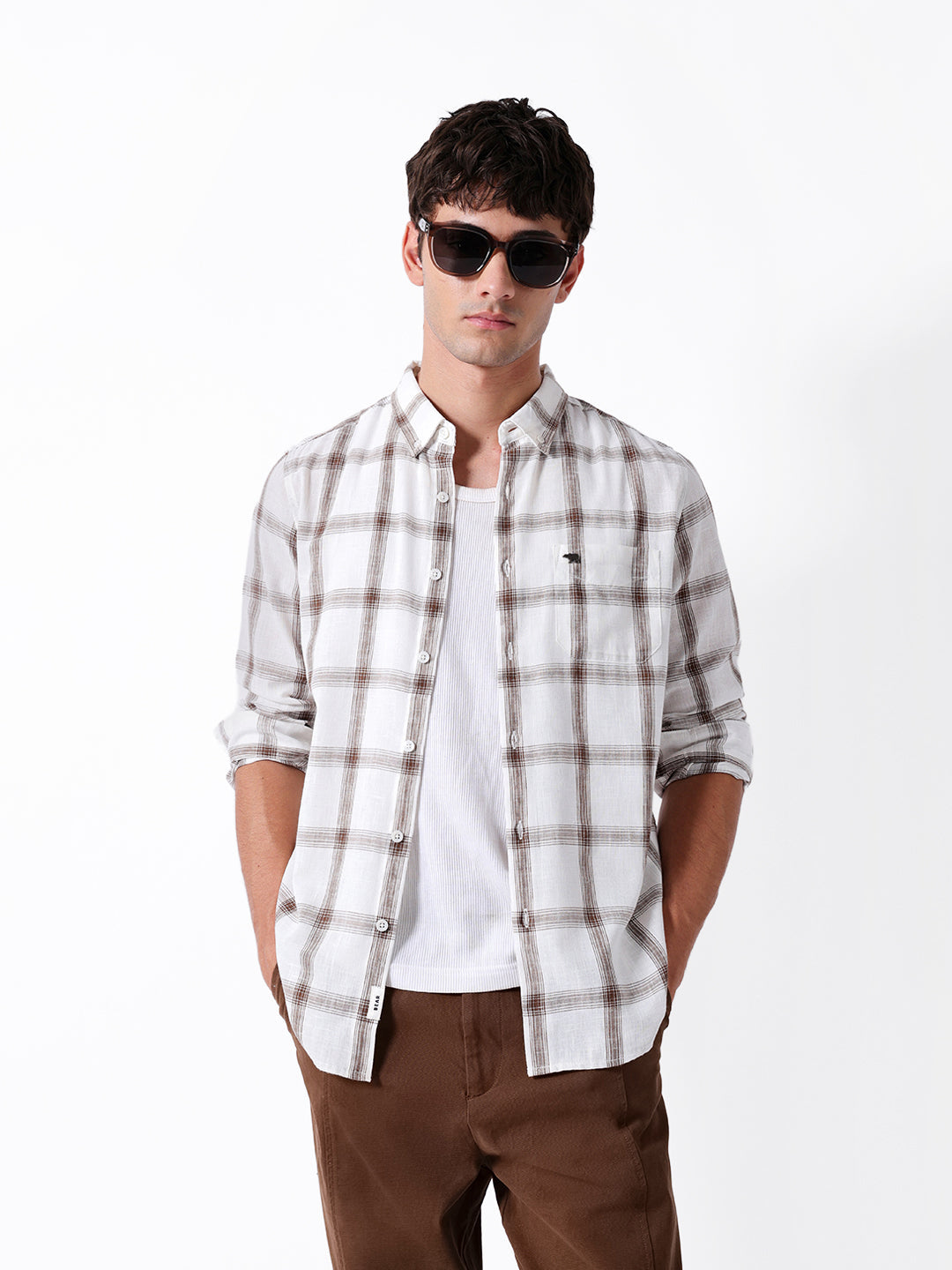white & brown woven checked slim fit casual shirt white & brown woven checked slim fit casual shirt