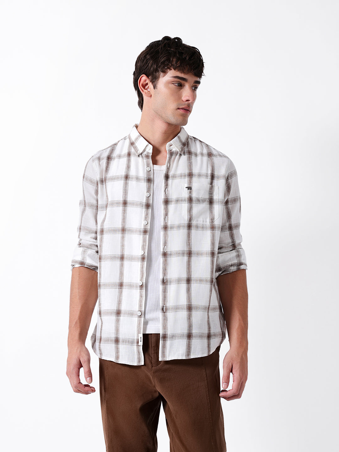 white & brown woven checked slim fit casual shirt white & brown woven checked slim fit casual shirt