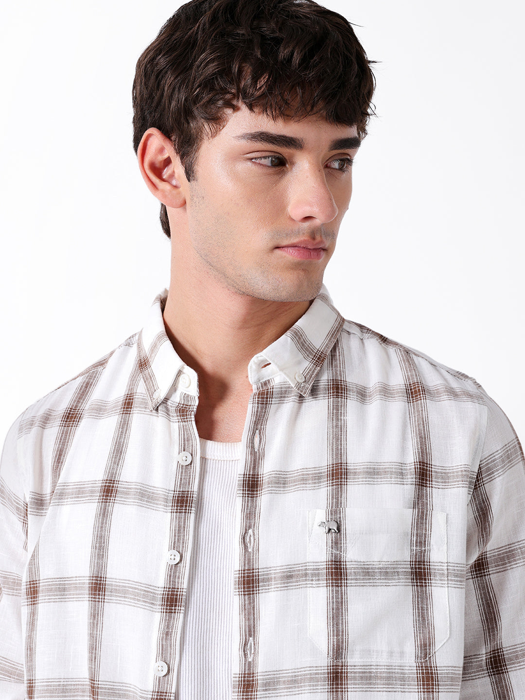 white & brown woven checked slim fit casual shirt white & brown woven checked slim fit casual shirt