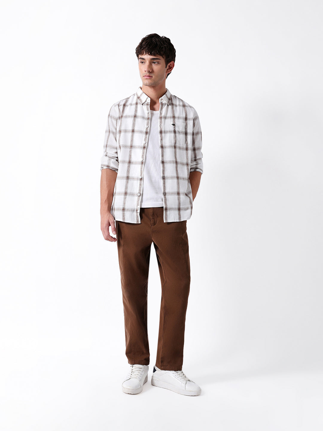 white & brown woven checked slim fit casual shirt white & brown woven checked slim fit casual shirt