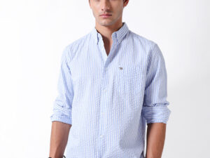 blue & white vertical crinkled pinstripe slim fit casual shirt