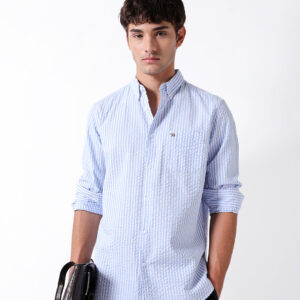 blue & white vertical crinkled pinstripe slim fit casual shirt