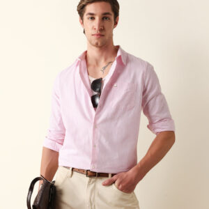 pink & white vertical woven pinstriped slim fit casual shirt