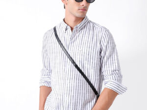 white slim fit casual shirt with woven vertical stripes