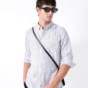 white slim fit casual shirt with woven vertical stripes