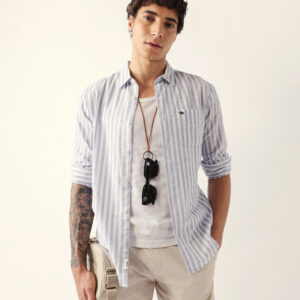 white & blue woven vertical striped slim fit casual shirt