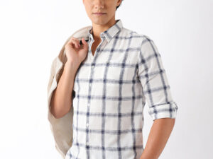 blue & white woven check slim fit casual shirt