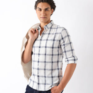 blue & white woven check slim fit casual shirt