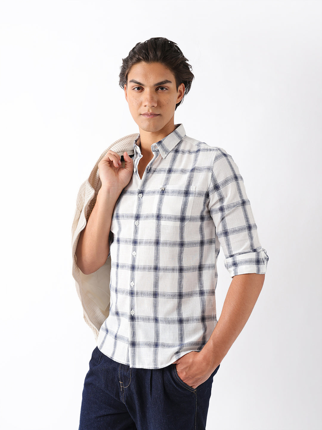 blue & white woven check slim fit casual shirt blue & white woven check slim fit casual shirt