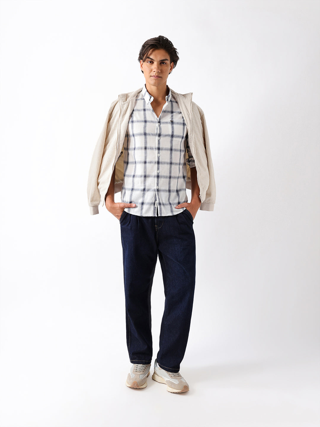 blue & white woven check slim fit casual shirt blue & white woven check slim fit casual shirt