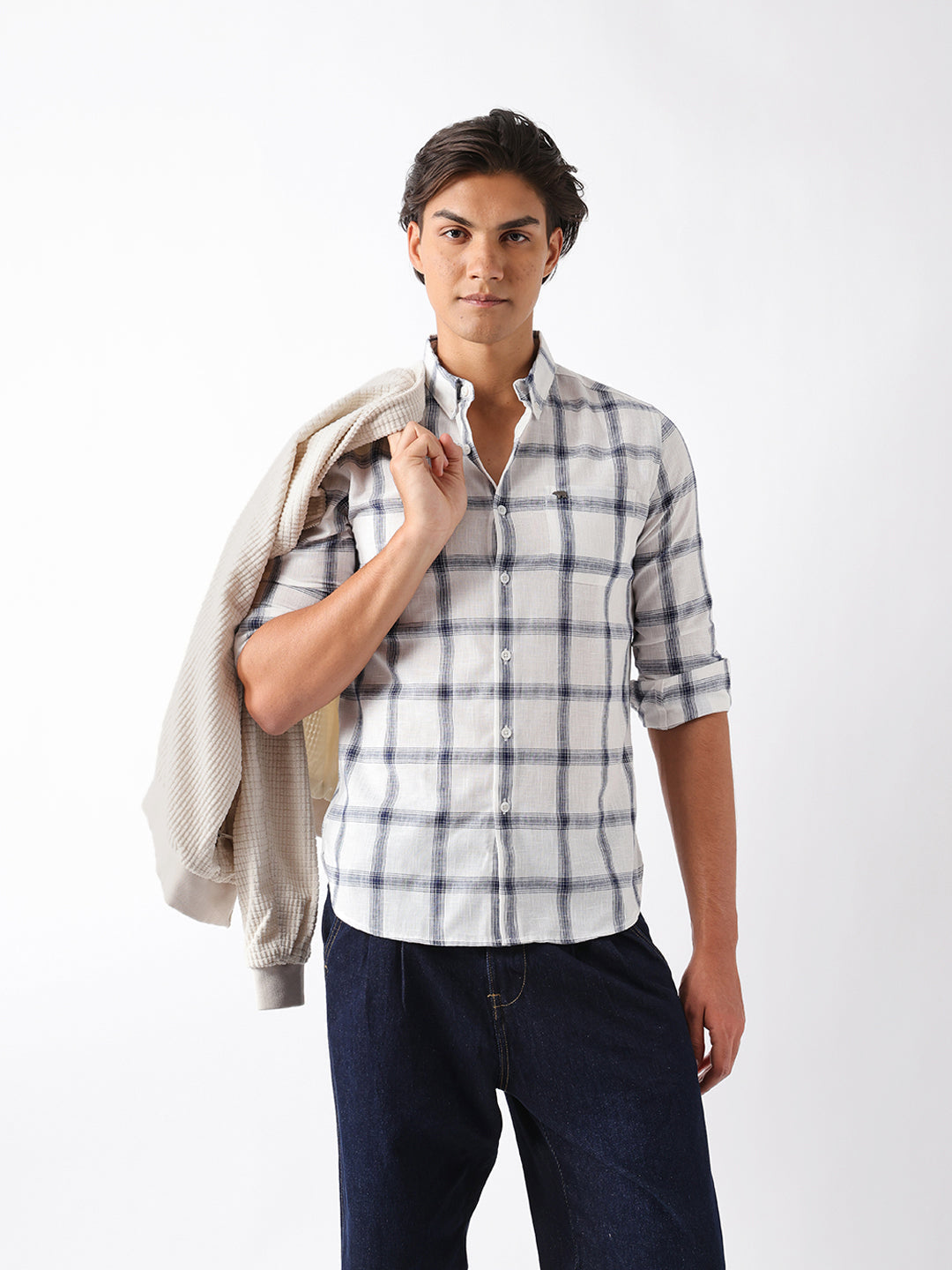 blue & white woven check slim fit casual shirt blue & white woven check slim fit casual shirt