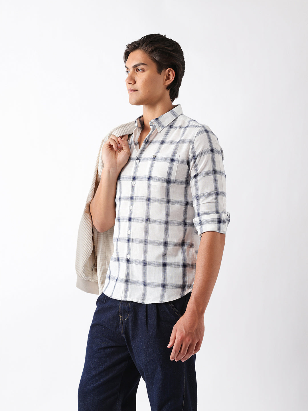blue & white woven check slim fit casual shirt blue & white woven check slim fit casual shirt