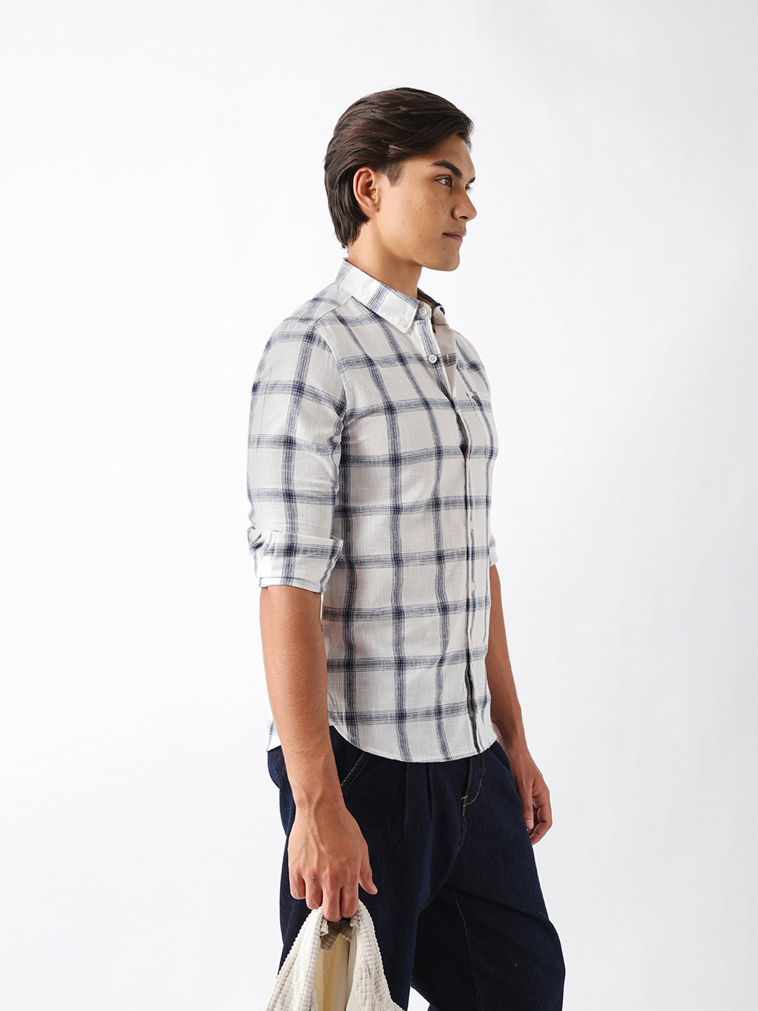 blue & white woven check slim fit casual shirt blue & white woven check slim fit casual shirt