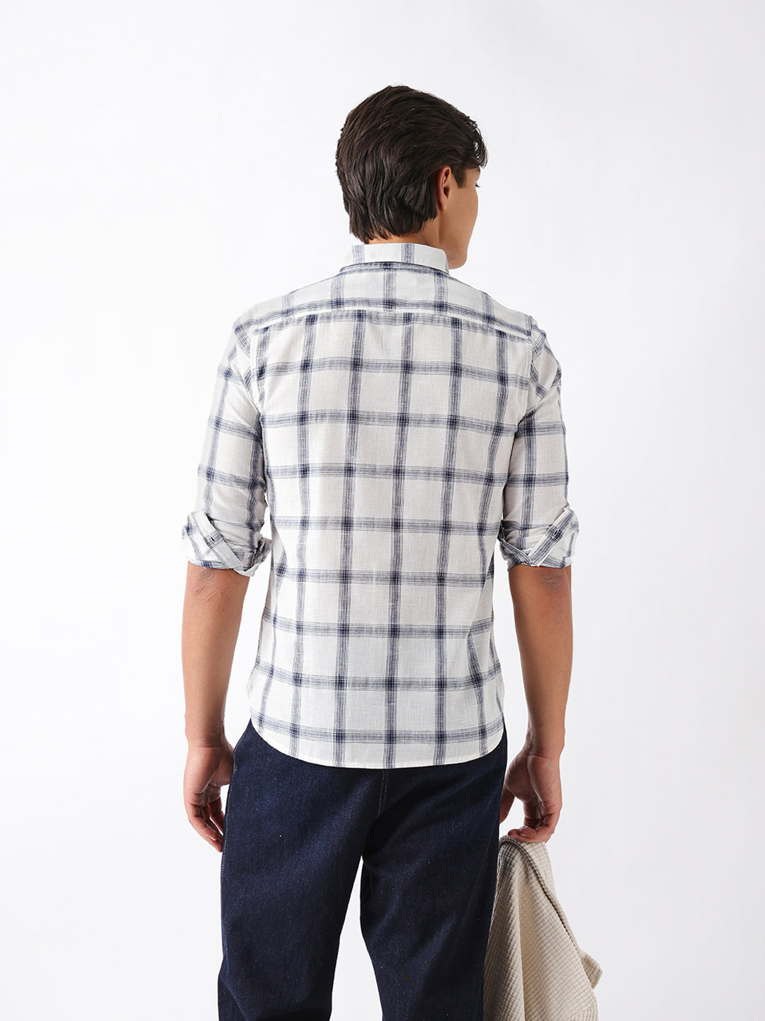 blue & white woven check slim fit casual shirt blue & white woven check slim fit casual shirt