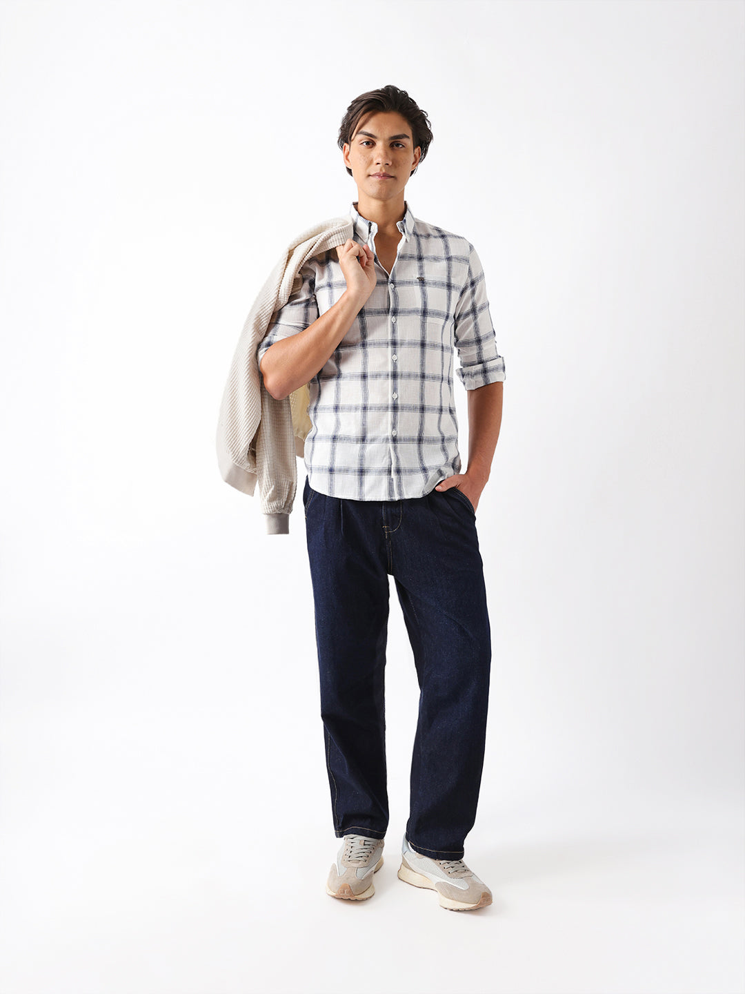 blue & white woven check slim fit casual shirt blue & white woven check slim fit casual shirt