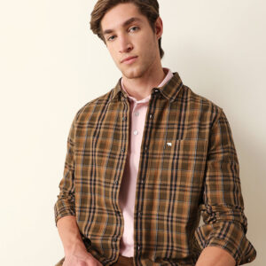 olive regular fit woven checked casual shirt