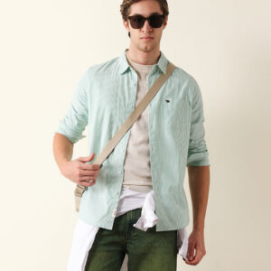 green & white vertical woven pinstriped slim fit casual shirt