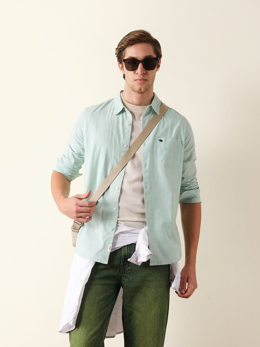 green & white vertical woven pinstriped slim fit casual shirt green & white vertical woven pinstriped slim fit casual shirt