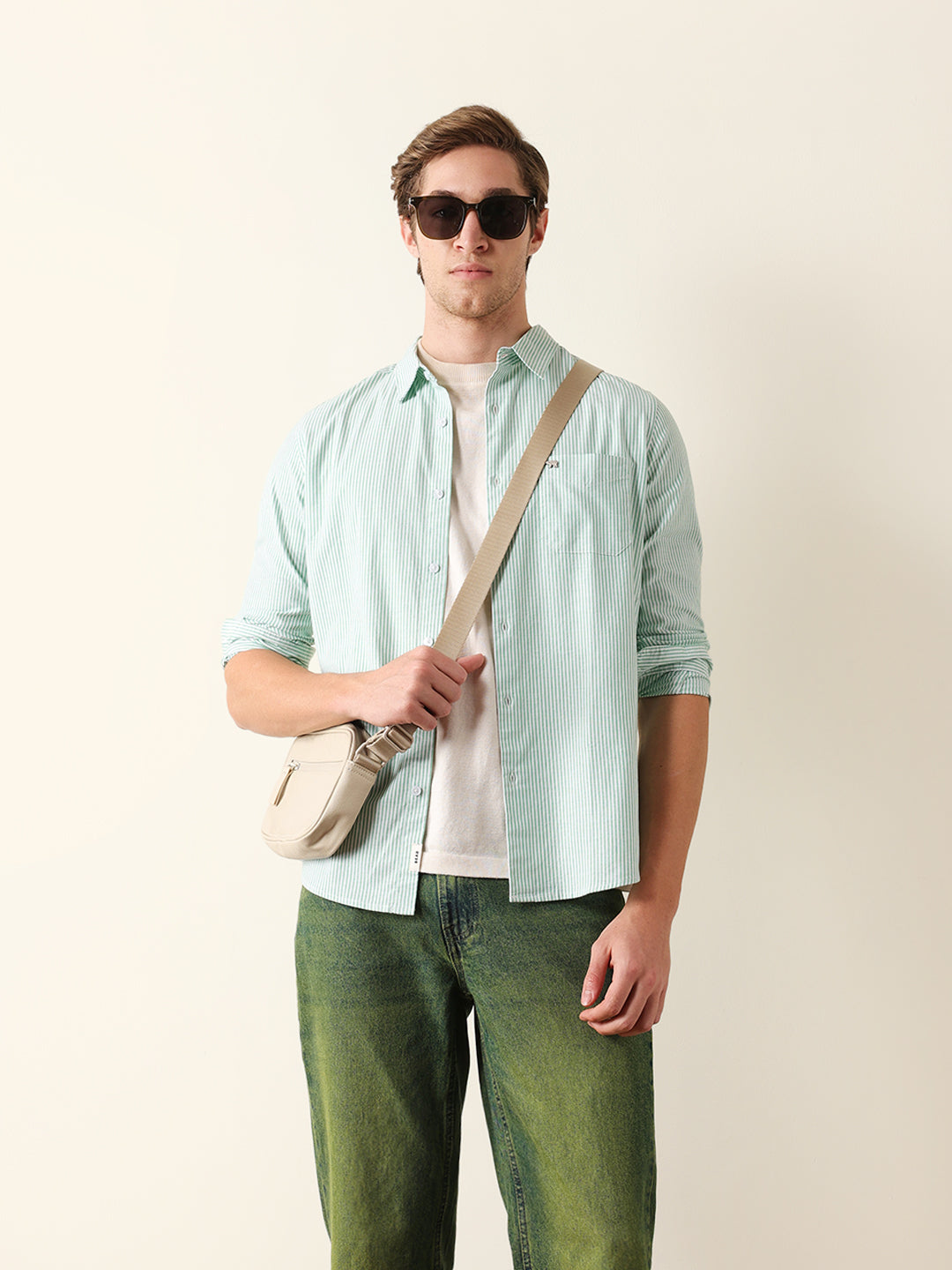 green & white vertical woven pinstriped slim fit casual shirt green & white vertical woven pinstriped slim fit casual shirt