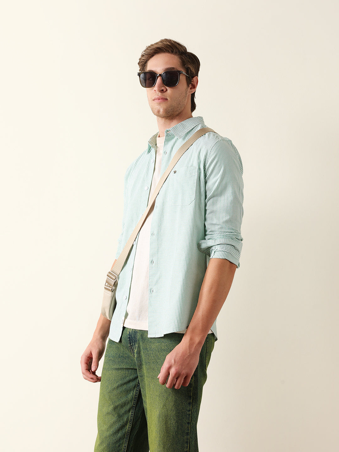 green & white vertical woven pinstriped slim fit casual shirt green & white vertical woven pinstriped slim fit casual shirt