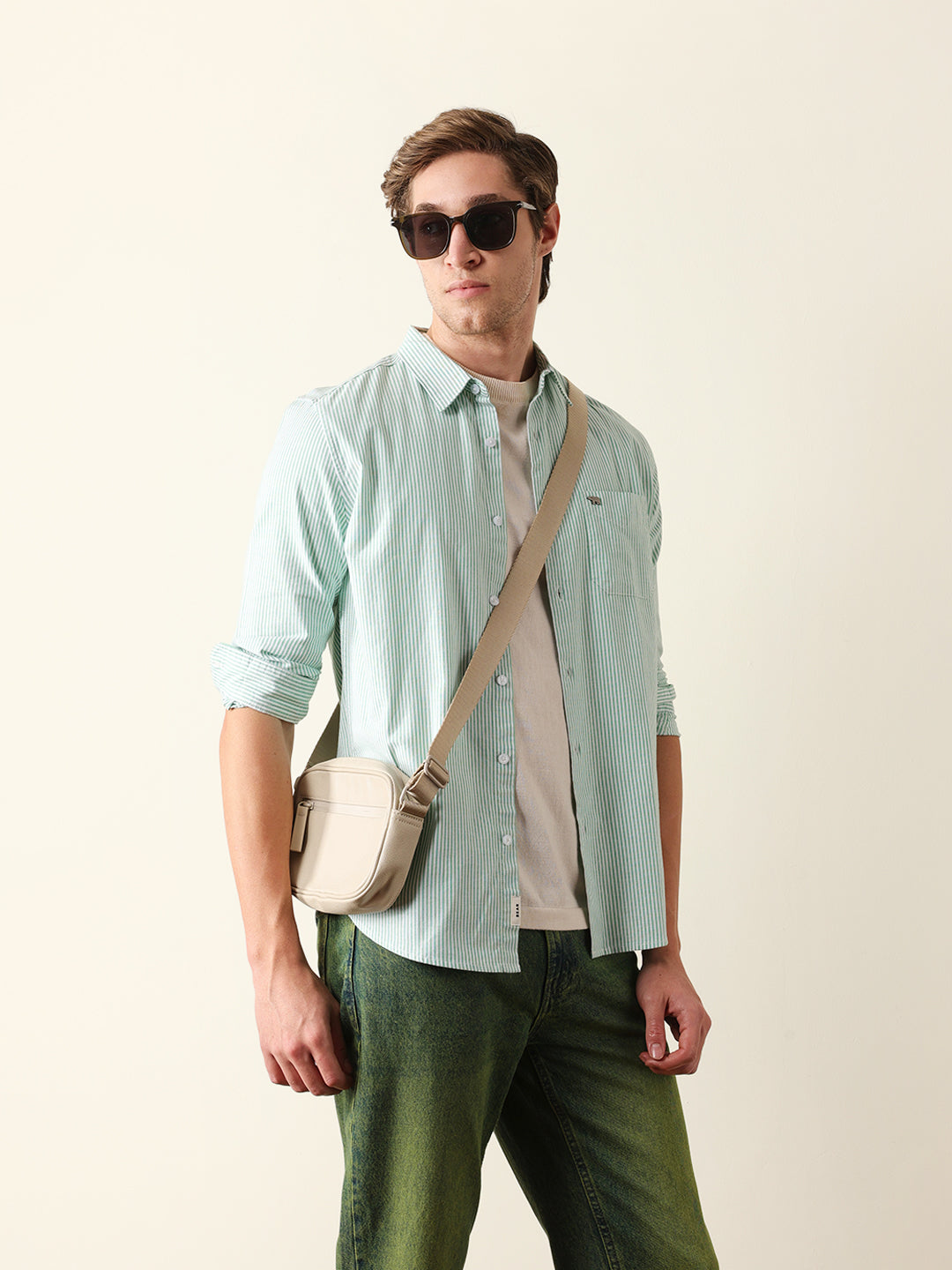 green & white vertical woven pinstriped slim fit casual shirt green & white vertical woven pinstriped slim fit casual shirt