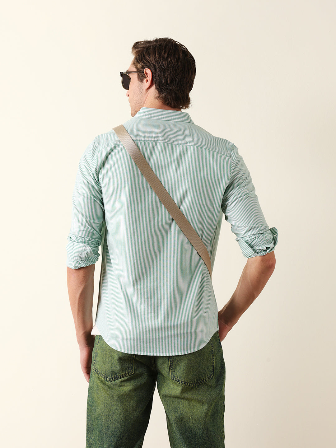 green & white vertical woven pinstriped slim fit casual shirt green & white vertical woven pinstriped slim fit casual shirt