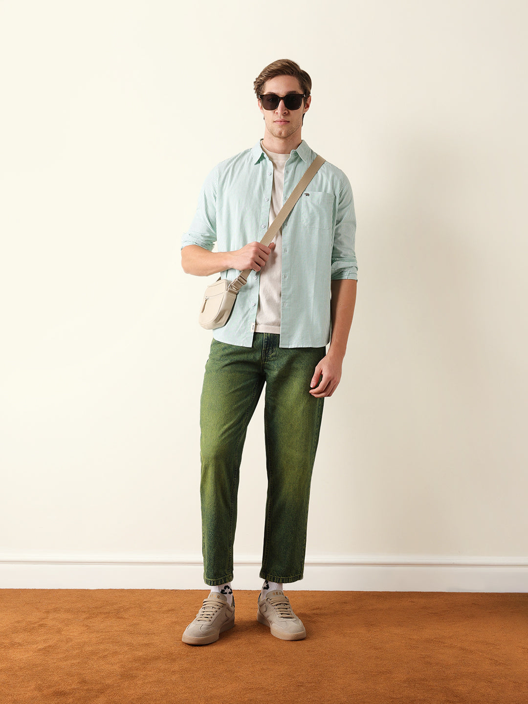 green & white vertical woven pinstriped slim fit casual shirt green & white vertical woven pinstriped slim fit casual shirt