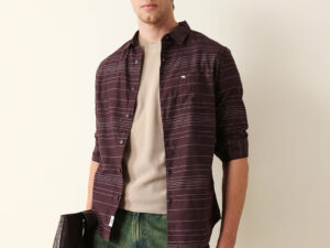 brown slim fit casual shirt with horizontal woven stripe