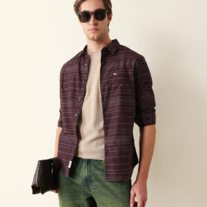 brown slim fit casual shirt with horizontal woven stripe