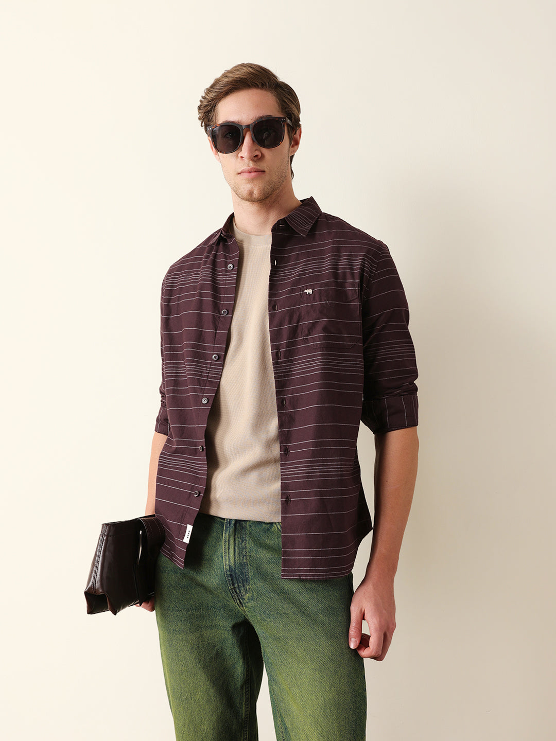brown slim fit casual shirt with horizontal woven stripe brown slim fit casual shirt with horizontal woven stripe