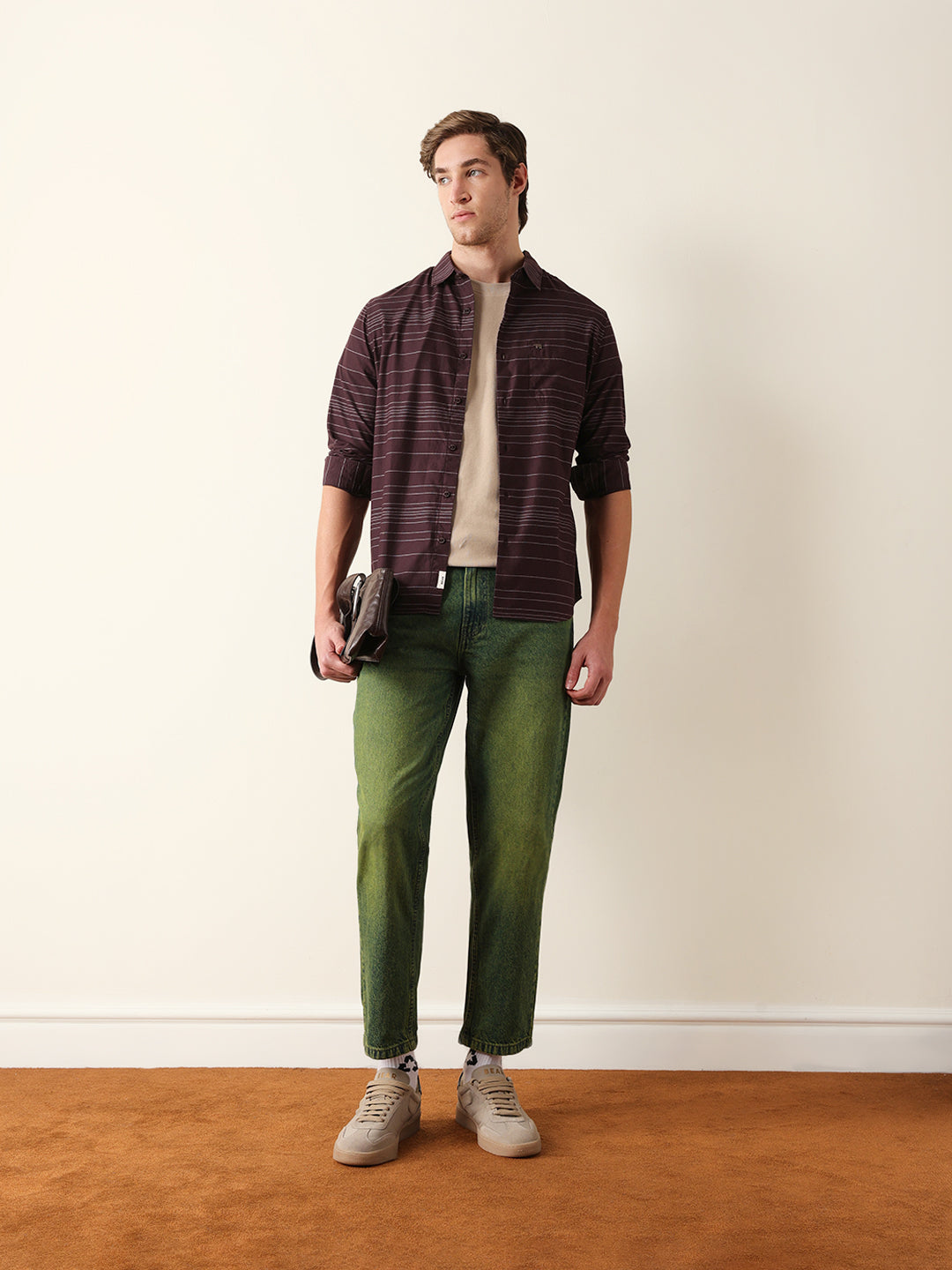 brown slim fit casual shirt with horizontal woven stripe brown slim fit casual shirt with horizontal woven stripe