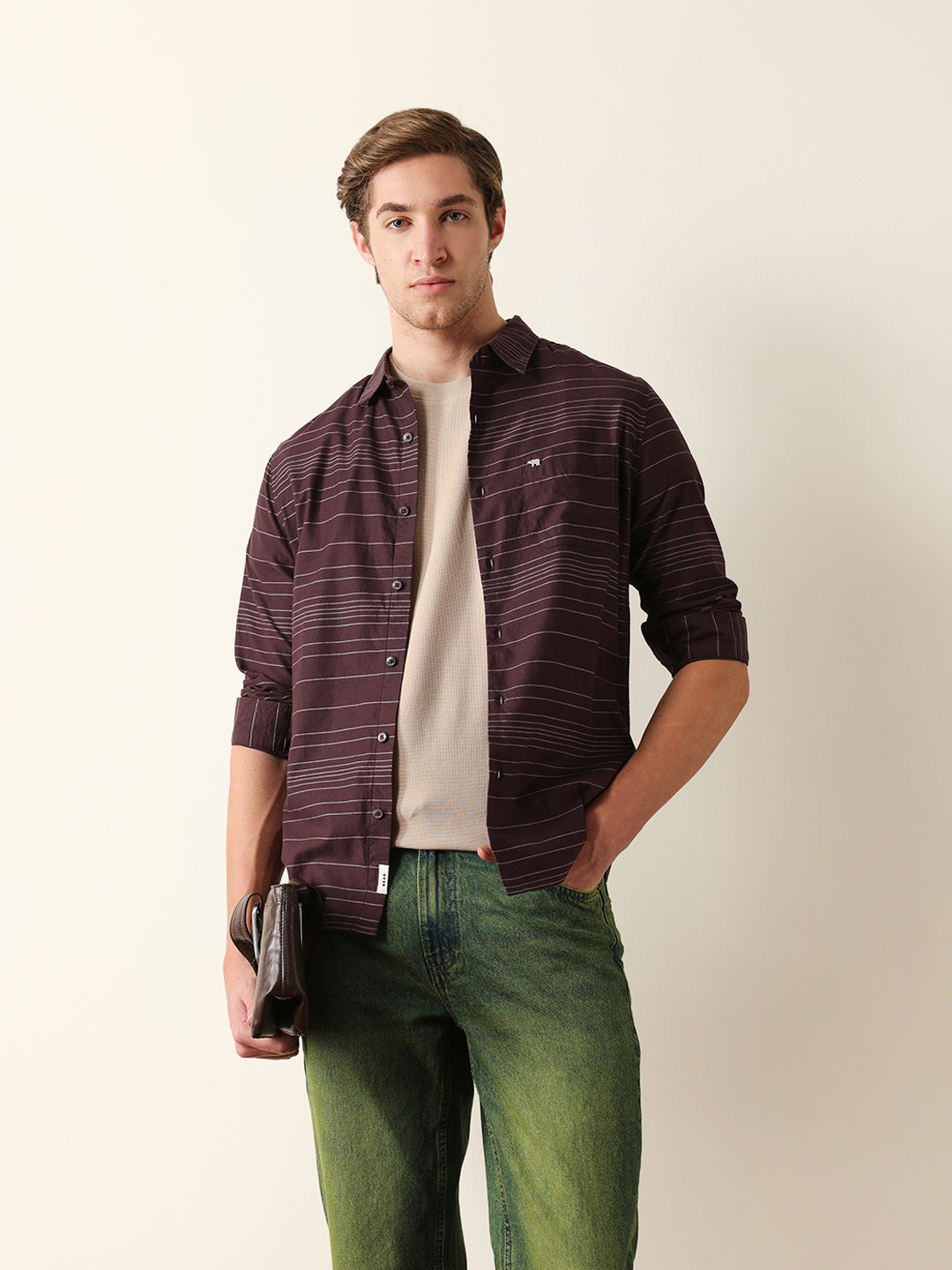 brown slim fit casual shirt with horizontal woven stripe brown slim fit casual shirt with horizontal woven stripe