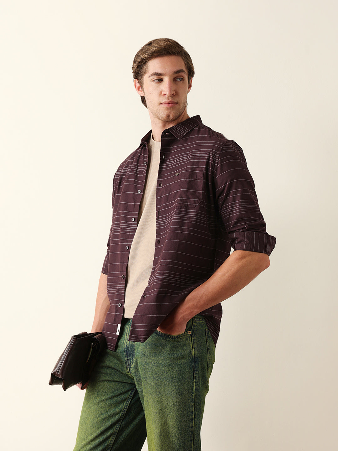 brown slim fit casual shirt with horizontal woven stripe brown slim fit casual shirt with horizontal woven stripe