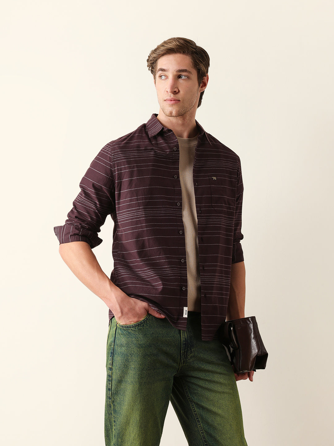 brown slim fit casual shirt with horizontal woven stripe brown slim fit casual shirt with horizontal woven stripe