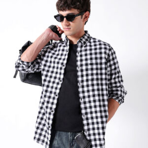 black & white flannel micro checked slim fit casual shirt